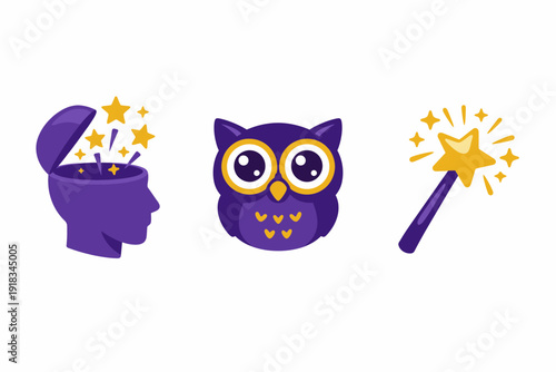 Three purple icons representing wisdom, creativity, and magic, featuring an open head with stars, a cute owl, and a sparkling magic wand.