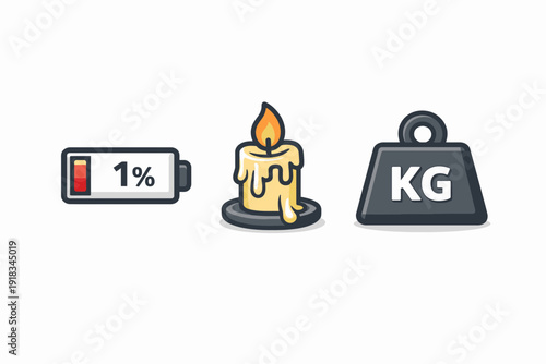 Three distinct icons: a 1% battery, a burning candle, and a kilogram weight, representing low power, light, and mass.