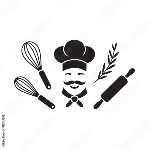 Happy chef face with a mustache, surrounded by whisks, rolling pin, and a sprig of herbs, perfect for artisanal food businesses.