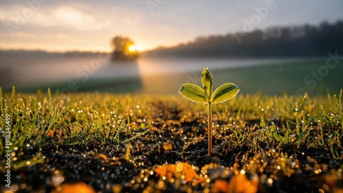 Wallpaper Mural A young plant with three leaves, glistening in dew, stands in a field as the sun rises Torontodigital.ca