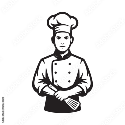 Professional chef in uniform holding a spatula, a black and white vector illustration representing culinary expertise and restaurant service.