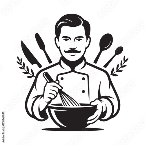 Mustached chef with whisk in bowl, surrounded by kitchen utensils and olive branches, vintage culinary logo