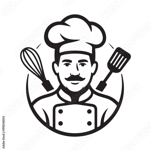 Chef icon with mustache, holding whisk and spatula, framed in a circle, modern black and white logo for culinary business