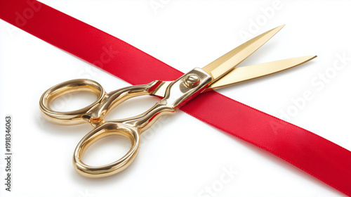 Golden Scissors Cutting Red Ribbon in Close Up, Grand Opening Ceremony Symbol