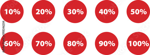 Set of ten red circular badges with discount percentages from ten to hundred