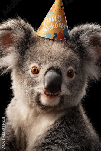 Wallpaper Mural Koala wearing a birthday hat against a black background. The party hat reads Happy Birthday. Torontodigital.ca