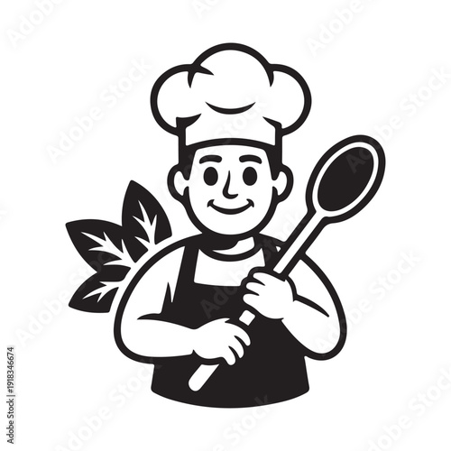 Happy chef with a spoon and fresh herbs, smiling proudly in a black apron and chef hat, gourmet cooking
