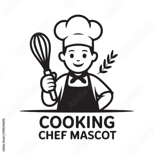 Friendly cartoon chef mascot holding a whisk and a sprig of herbs, black and white illustration for culinary branding and cooking concepts.