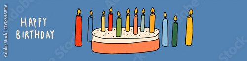 Birthday cake with ten candles and happy birthday text. Illustrated birthday cake with ten lit candles and Happy Birthday message on blue background