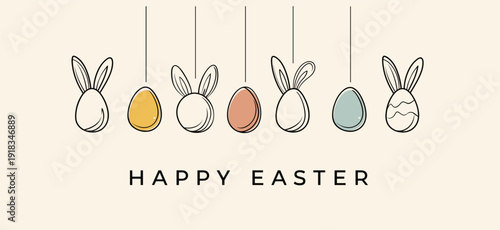 Easter eggs with bunny ears and Happy Easter text. Happy Easter greeting card. Pastel colored eggs with bunny ears and Happy Easter text, celebrating spring holiday