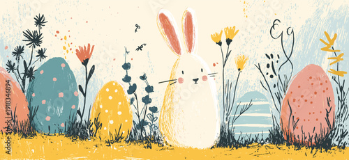Happy Easter bunny finding colorful eggs in spring field banner. Cute bunny standing among pastel colored Easter eggs and stylized spring plants