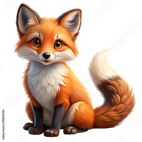 Cute orange fox with white chest and tail sitting isolated on a transparent background