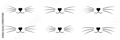 Six Minimalist Black Cat Face Icons with Heart Noses and Whiskers on White symbol animal