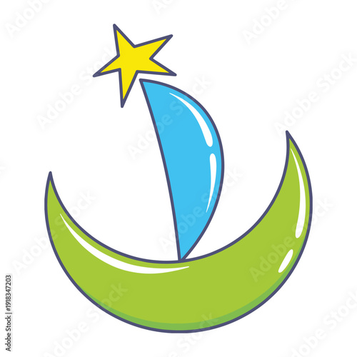 Stylized cartoon sailboat with a crescent moon hull and a star sail on a white background Keywords: sailboat, boat, ship, sailing, sea, ocean