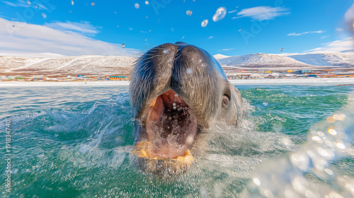 Wallpaper Mural Seal opens its mouth in the water near a snowy coastline town. Blue sky and a bright day highlight the shore with colorful buildings. Torontodigital.ca