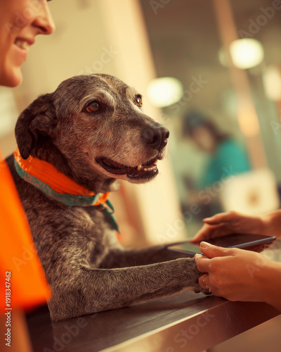 Wallpaper Mural Grey dog with orange scarf sits at a cafe counter. The dog enjoys attention. Torontodigital.ca