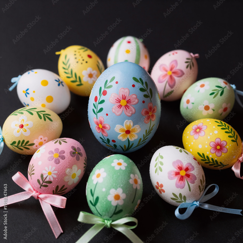 Fototapeta premium manga, easter egg collection with colorful, hand-painted patterns and floral ornaments in a black background concept of spring celebration