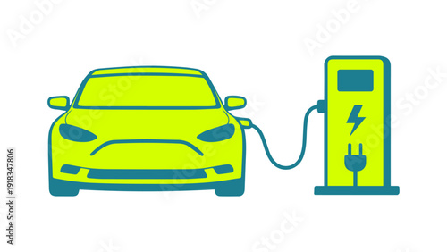 Electric car charging at station, flat vector illustration of green eco vehicle connected to charger
