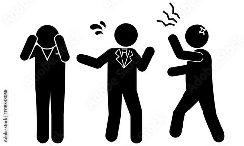 クレームを言う客・おびえる店員・仲裁に入る上司のピクトグラム（カスハラ対応）