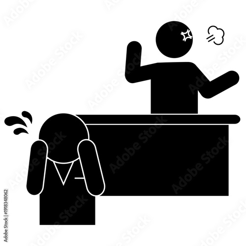 カウンター越しに怒鳴る客とおびえる店員のピクトグラム（カスタマーハラスメント）