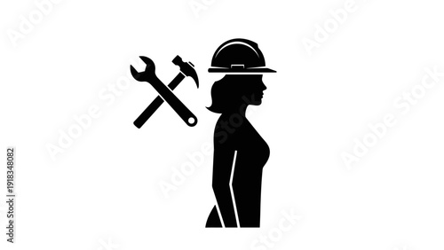 Silhouette of Woman in Hard Hat with Tools.