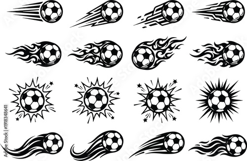 Soccer ball icons with motion and explosion effects  dynamic sports graphics with flames and speed lines  various soccer ball designs