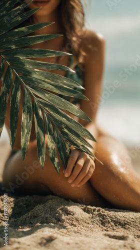 Young woman relaxing on tropical beach holding a palm leaf over sunlit sandy legs
