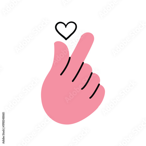 Pink hand making finger heart gesture for love and appreciation. Hand drawn doodle illustration vector design.
