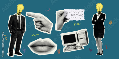 Halftone collage close up of businessman and businesswoman with lightbulb heads pointing hand vintage computer lips torn paper elements editorial pop art composition in teal contrast