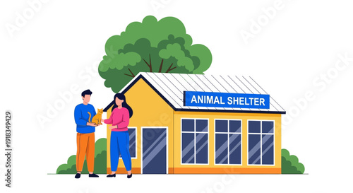 Illustration of a man and woman shaking hands outside an animal shelter building