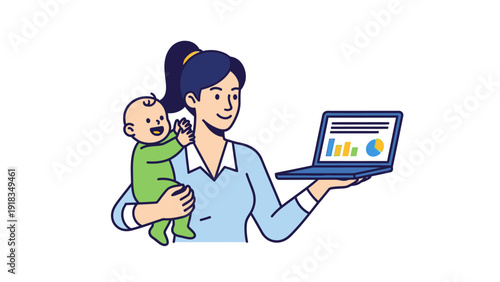 Woman Holding Baby and Laptop Computer.