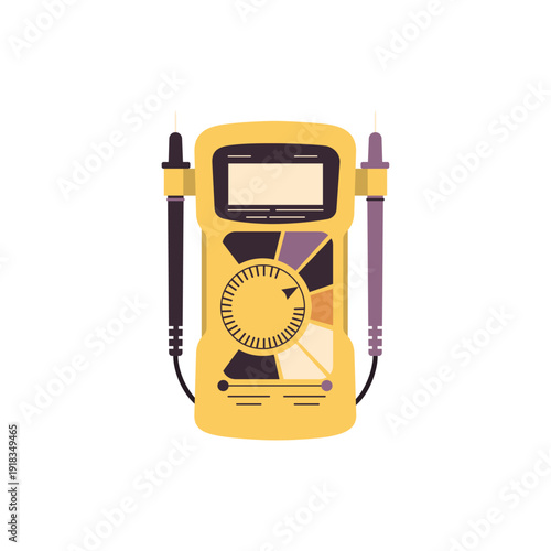 Digital multimeter with test probes isolated on white background. Flat vector illustration of electrical measuring device for electronics, repair, engineering manuals and technical education.