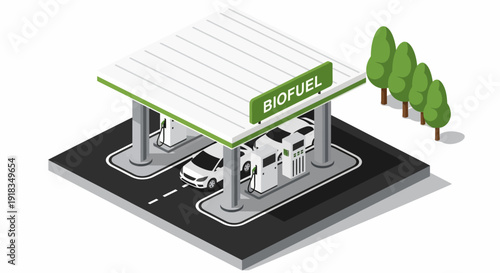 Isometric illustration of a biofuel gas station with a car refueling