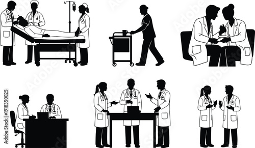 Set of medical professional silhouettes including doctors and nurses caring for patients, healthcare workers in hospital clinic office settings, isolated,