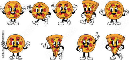Retro Rubber Hose Pizza Mascot Set - Vintage 1930s Style Cartoon Pepperoni Pizza Characters