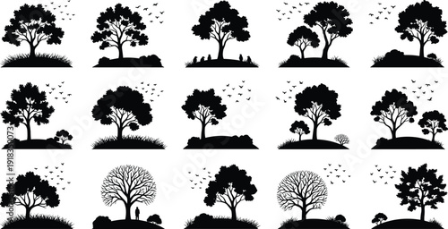 Set of tree silhouettes on hills with flying birds, various deciduous and bare trees in nature landscapes, forest outdoor icons,