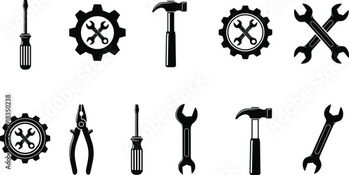 Set of industrial repair tool icons, wrench hammer screwdriver pliers and gears vector illustrations, maintenance and hardware silhouettes, isolated black,