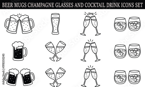 Beer mugs champagne glasses and cocktail drink icons set, black and white outline collection featuring cheers toast symbols, bar beverage elements, party celebration vector illustration isolated on wh