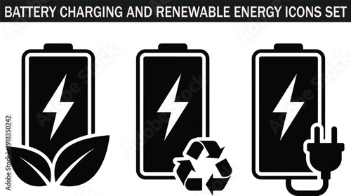 Battery charging and renewable energy icons set, black silhouette collection featuring lightning bolt power symbol, eco leaf battery, recycling sign, electric plug, clean technology vector illustratio