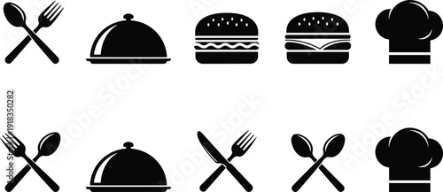 Set of restaurant and culinary vector icons, chef hat burger cloche and crossed cutlery symbols for food service and catering,