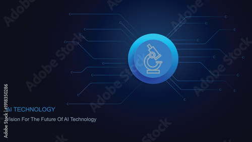 Futuristic Artificial Intelligence for Scientific and Laboratory Research. Glowing Microscope Icon on AI Microchip. Digital Technology Background. Vector Illustration.
