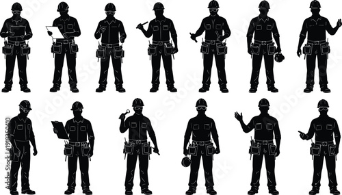 Set of construction worker silhouettes in hard hats and tool belts, industrial workers, engineers, and repairmen figures, isolated black icons,