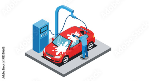 Illustration of a car wash attendant cleaning a red car with a high-pressure washer on a gray platform.