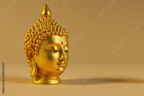 golden Buddha head sculpture resting on flat surface minimalist style  