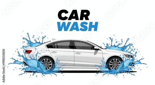 Illustration of a white car getting washed with blue water splashes