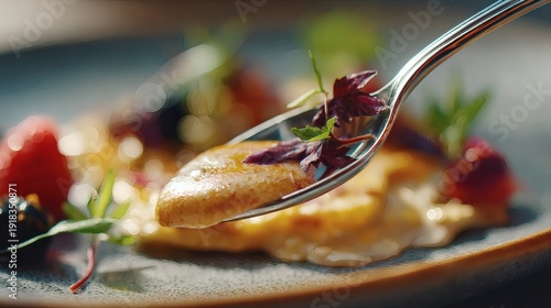 A close-up shot of a spoon filled with delicious food, artfully presented on a plate. The dish is adorned with garnishes, and the soft focus adds to the aesthetic appeal.