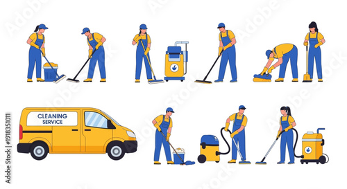 Flat lay illustration of various cleaning service workers with equipment and a van