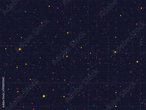 A visually striking abstract background featuring a dark navy base with scattered, colorful particles. Ideal for illustrating concepts of data, networ
