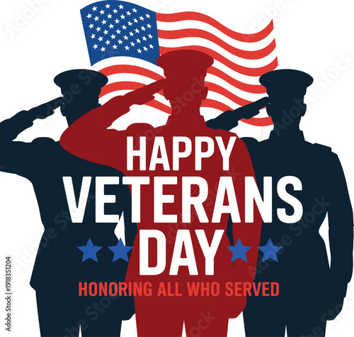 Veterans Day celebration with soldiers saluting and American flag  honoring all who served