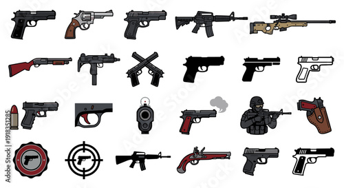 An assortment of various firearms, including pistols, rifles, and revolvers, displayed in a grid-like arrangement.